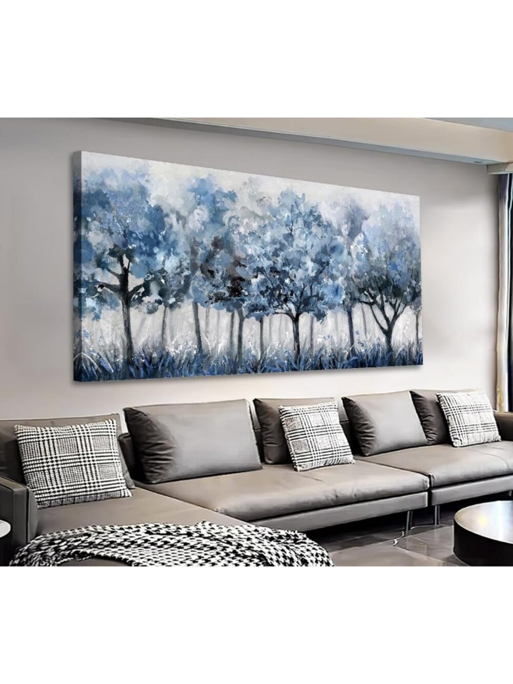 Abstract Forest Canvas Wall Art - Blue Trees Minimalist Botanical Decor 20"x40